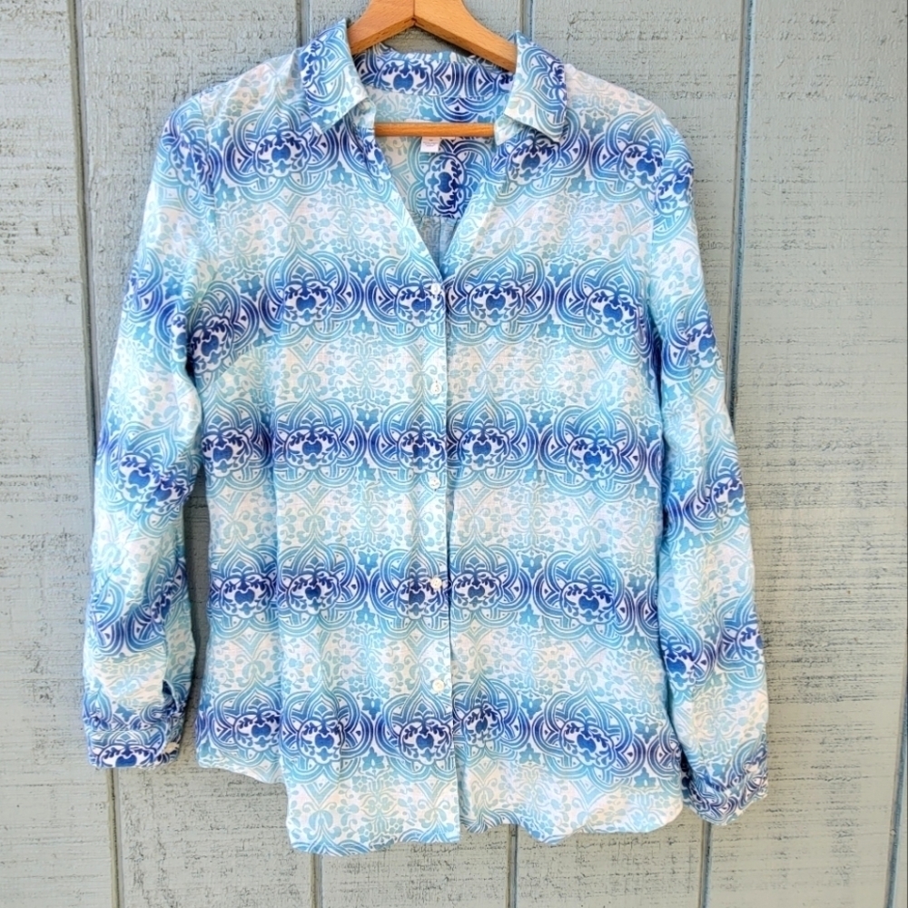Charter Club 100% Linen Celtic Knot Print Button Down Blouse size M Blue White